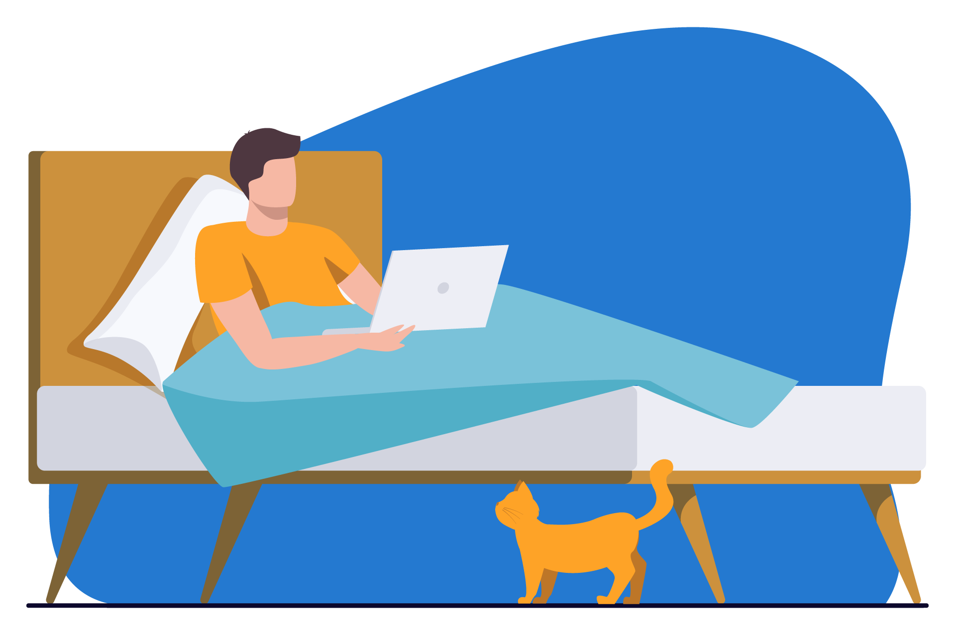 Ilustração de um homem sentado na cama, apoiado em uma almofada para elevar a parte superior do corpo, mexendo no computador. No chão, um gato.